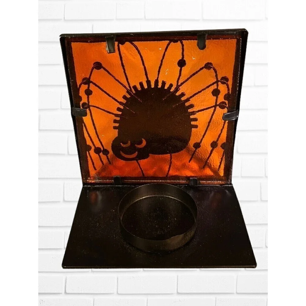5/$25 Spider Halloween Metal Tea Light Holder Orange Glass Candle - Picture 6 of 7